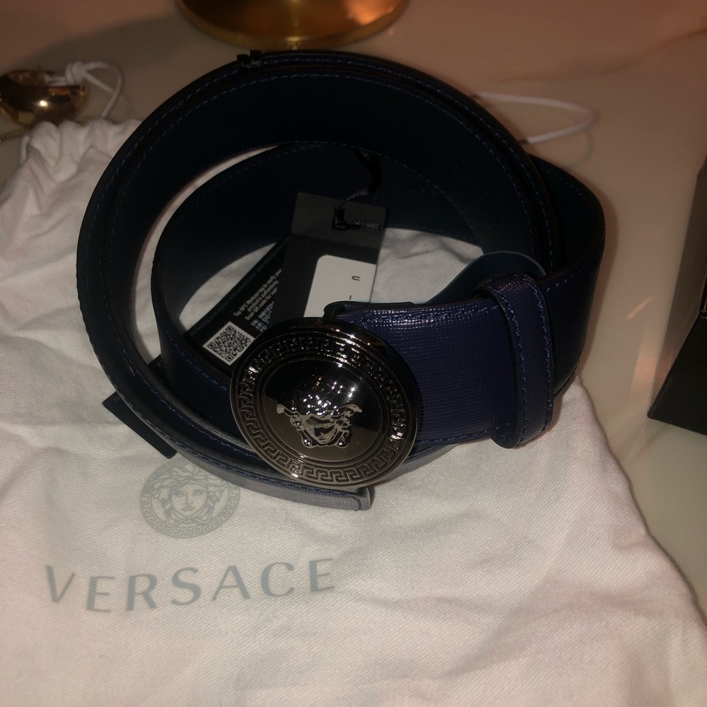 Mens authentic Versace belt navy blue silver hardware